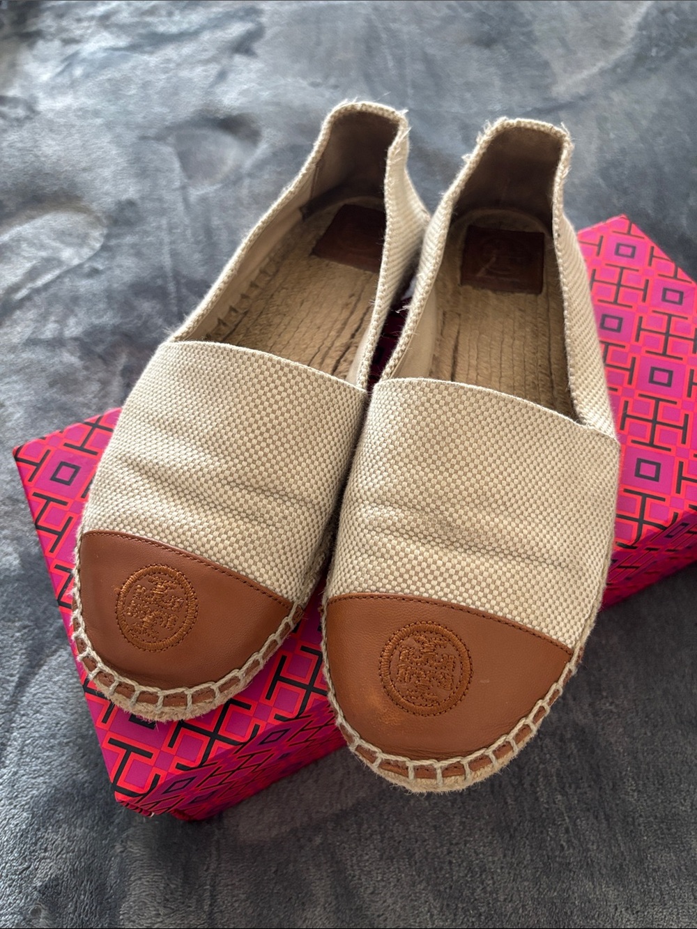Tory Burch Canvas Espadrille Slip-Ons with Brown Leather Toe